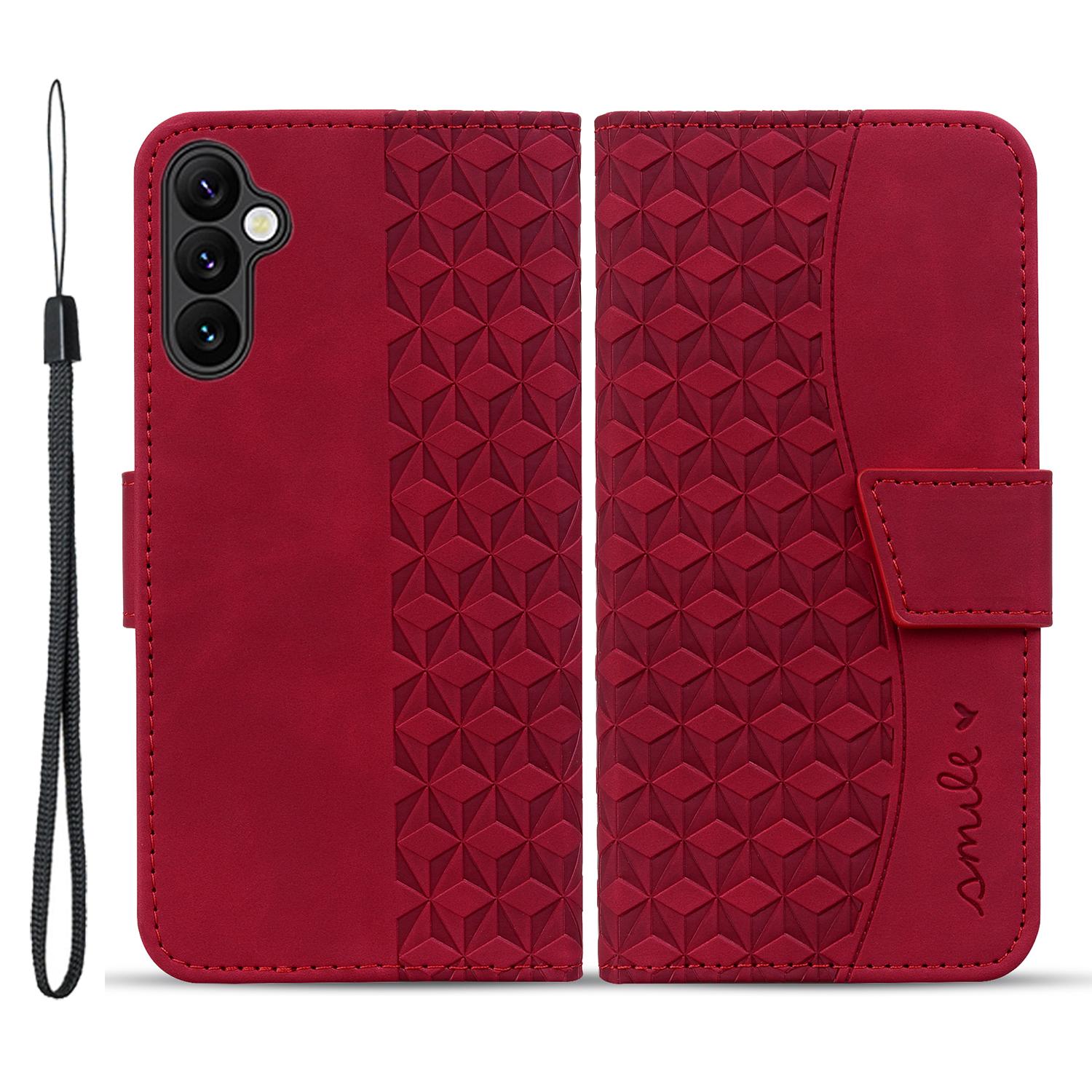 

For Samsung Galaxy A35 5G Case Imprinted Rhombus Leather Phone Protector with Wrist Strap Wine Red