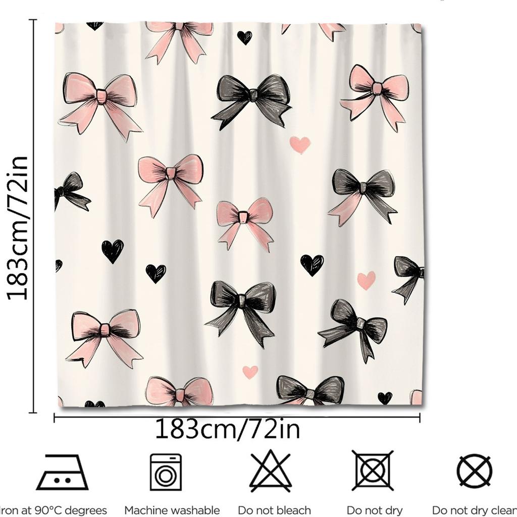 Pink And Black Bow Shower Curtain 1Pc – Hand-Drawn Ribbons & Hearts, Romantic Cute Art For Valentine’S Day Or Girl’S Room Decor