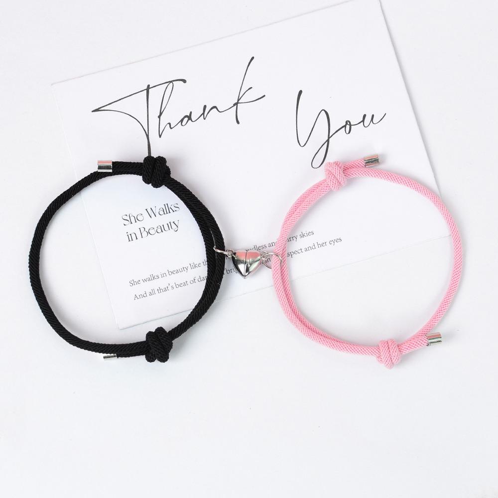 2 Pieces Set Fashion Black White Hand Rope Love Magnetic Couple Bracelet Best Friend Party Elegant Coppery Heart Charm Gift