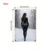 Hisun Tin Sign Gorgeous Curvy Brunette Model in Black Leather Catsuit Walking in Snowy Forest Vintage Metal Tin Sign Retro Iron Painting Wall