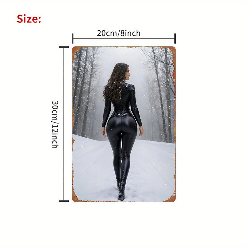Hisun Tin Sign Gorgeous Curvy Brunette Model in Black Leather Catsuit Walking in Snowy Forest Vintage Metal Tin Sign Retro Iron Painting Wall