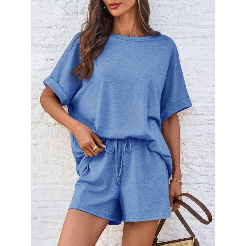 Conjunto Deportivo Casual Transpirable Holgado de Dos Piezas para Mujer Camiseta de Manga Corta y Pantalones Cortos con Cordón