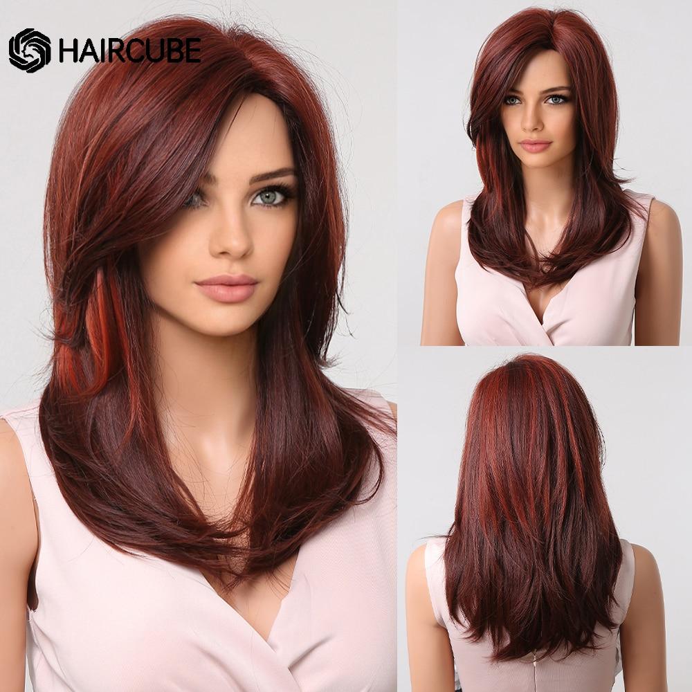 HAIRCUBE Short Brown Synthetic Natural Wig for Women Straight Shoulder Length Brown Hair With Bangs Heat Resistant Daily Cosplay