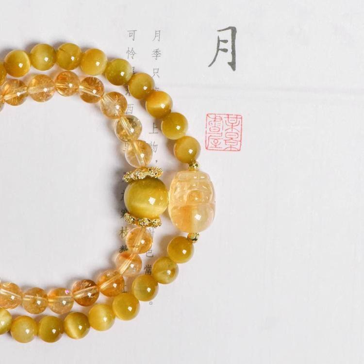Natural yellow crystal Pixiu bracelet for women, niche high-end gold tiger eye bracelet, double-loop yellow crystal bracelet for women