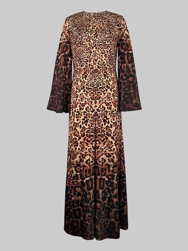 2025 Spring/Autumn Leopard Print Round Neck Jumpsuit with Flared Sleeves for Women