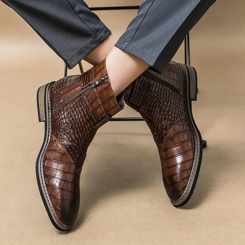 New Brown Ankle Boots for Men Zippper Black Crocodile Pattern  Square Toe Fashion Business Formal Men's Boots Size 38-46