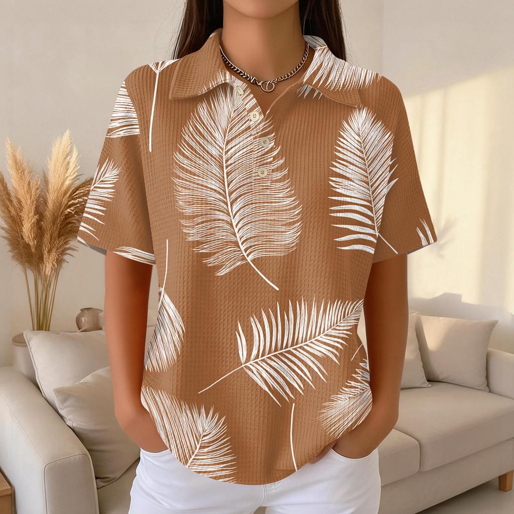 Damen Casual Kurzarm Hawaiian Print Waffelstrick Poloshirt Knopfleiste Tropisches Blumenmuster Sommer Oberteil