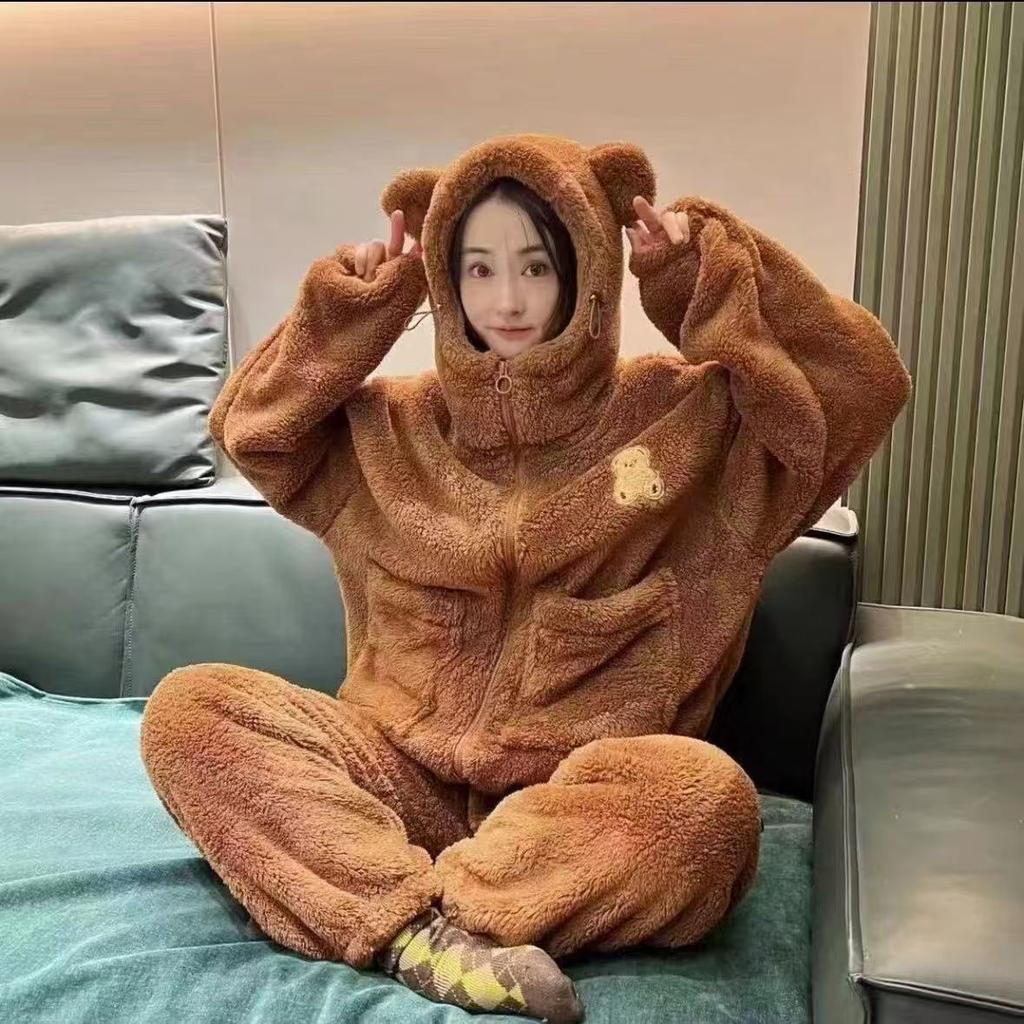 Winter Women's Suit Plus Velvet Thickened Hooded Beam Feet Casual Warmth High-value Pajamas Can Be Worn Outside At Home
