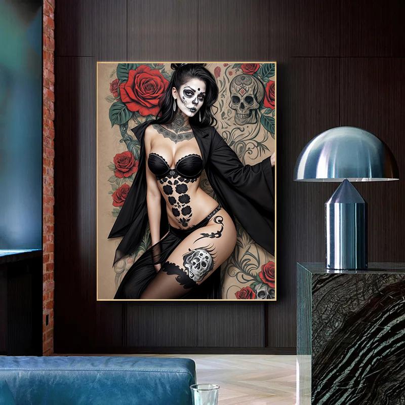 Terrifying Los Muertos Sugarskull Girl with Flowers Posters Day of the Dead Prints Canvas Printing Wall Pictures Home Room Decor