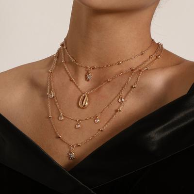 Bohémský vrstvený náhrdelník s hexagramem a mušlemi, náhrdelník s křišťálovým náhrdelníkem a přívěskem s kamínky, vícevrstvý retro řetízek pro ženy a dívky