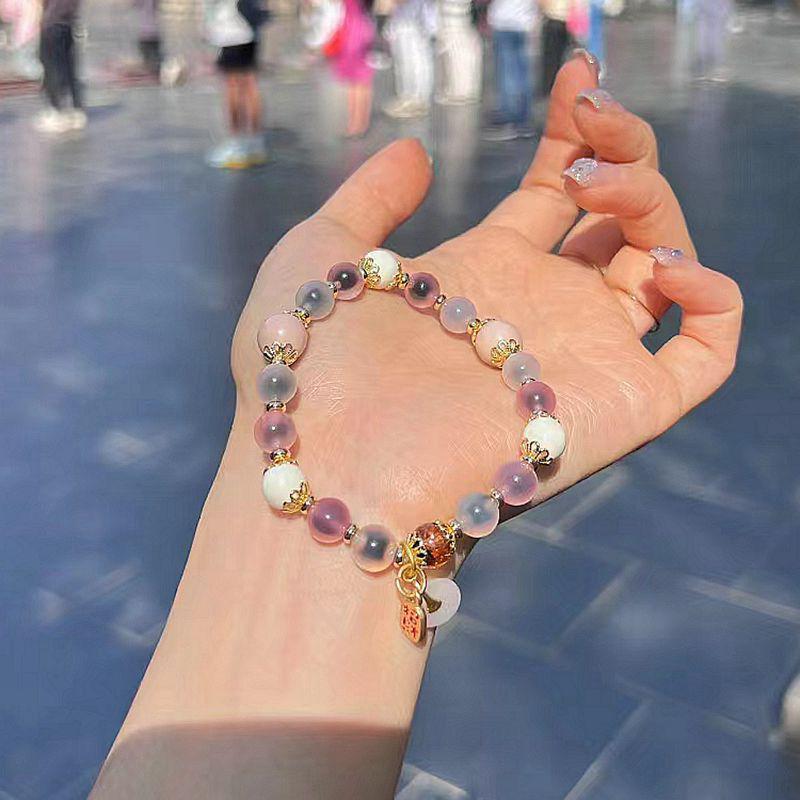 White Sugar Heart Agate and Light Pink Porcelain Bead Bracelet with Gold Foil Safety Buckle - Nàfú Good Fortune Birth Year Bracelet.