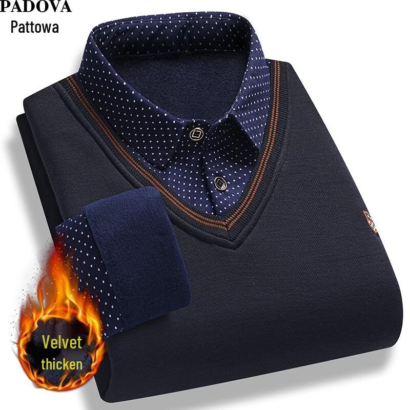 Patowa Men's Faux-Two-Piece Polo Collar Fleece-Lined Casual Shirt Jacket