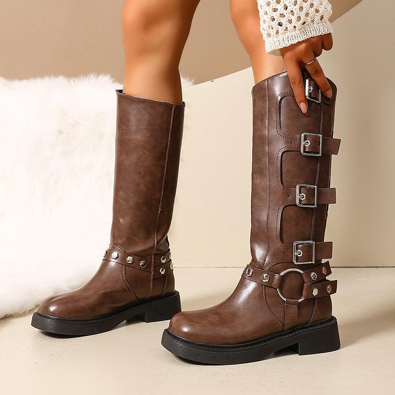 Fashion Fashion Buckle Straps Motorcycle Riding Boots Women Autumn Winter PU Leather Knee High Boots Woman Brown Platform Long Botas