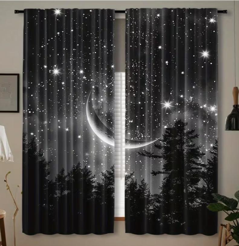 2pcs Starry Night Forest Moon Curtains for Home Decoration Rod Window Covering Bedroom Office Kitchen Living Room and Study