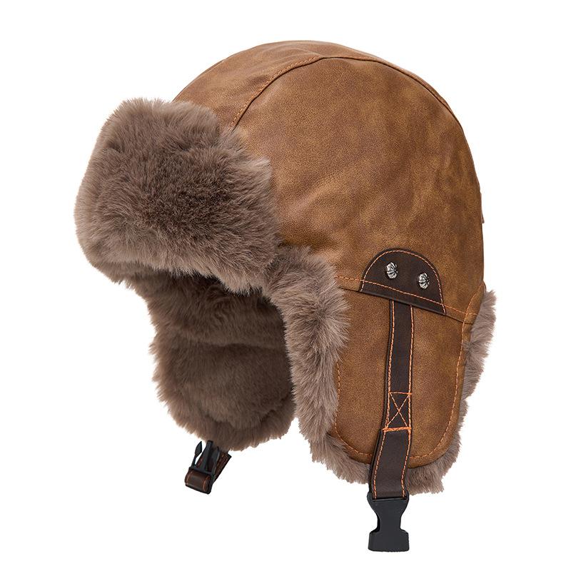 PU Pilot Bomber Hat Men Autumn Winter Warm Plush Thick Cycling Windproof Ear Protection Cap