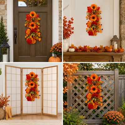 Artificial Wreath Sunflower Maple Leaf Wall Hanging Garland Autumn Fall Thanksgiving Home Decor