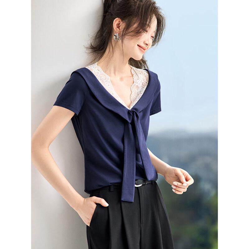 

Women s Nautical Style Navy Collar Lace-Tie T-shirt XL