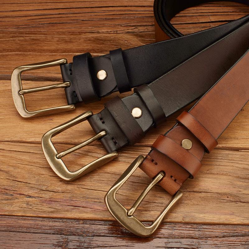 Retro Handmade Pure First-Layer Cowhide Belt, Versatile Copper Buckle Belt, Men'S Genuine Leather Trendy Pin Buckle, Middle-Aged And Young Pants Belt
