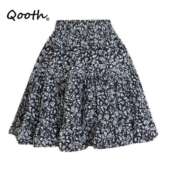Qooth Summer Floral Pleated A Line Sweet Mini Ruffle Skirt Tiered Elastic Waist Bud Skirt QT2627