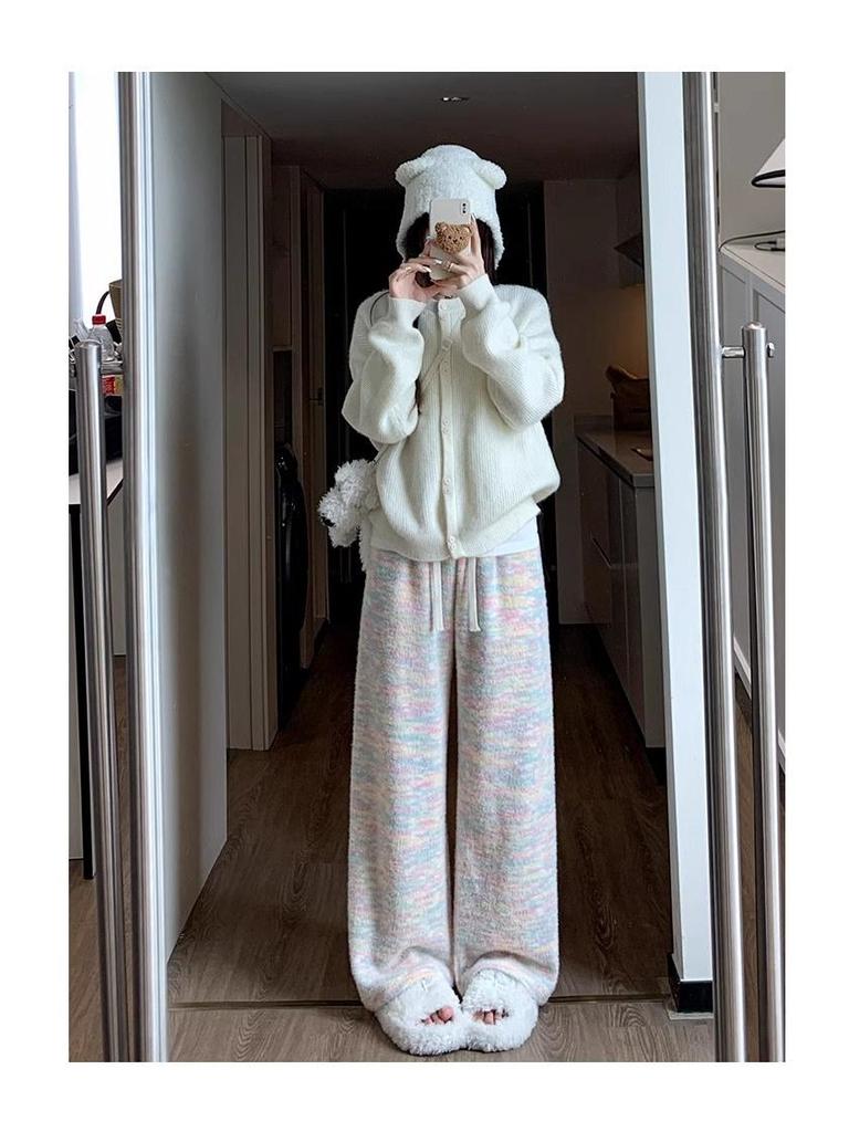 145 Petite High Waist Rainbow Fleece Pants - Soft, Loose, Wide-Leg for Women (Autumn/Winter) 150cm