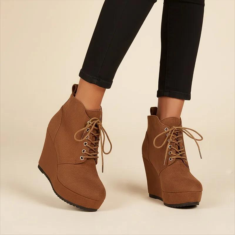 Originale Einzelne High Heel Keilabsatz Stiefeletten Herbst Winter Übergröße Mittlere Größe Chelsea Boots Bequeme Mode Stiefel