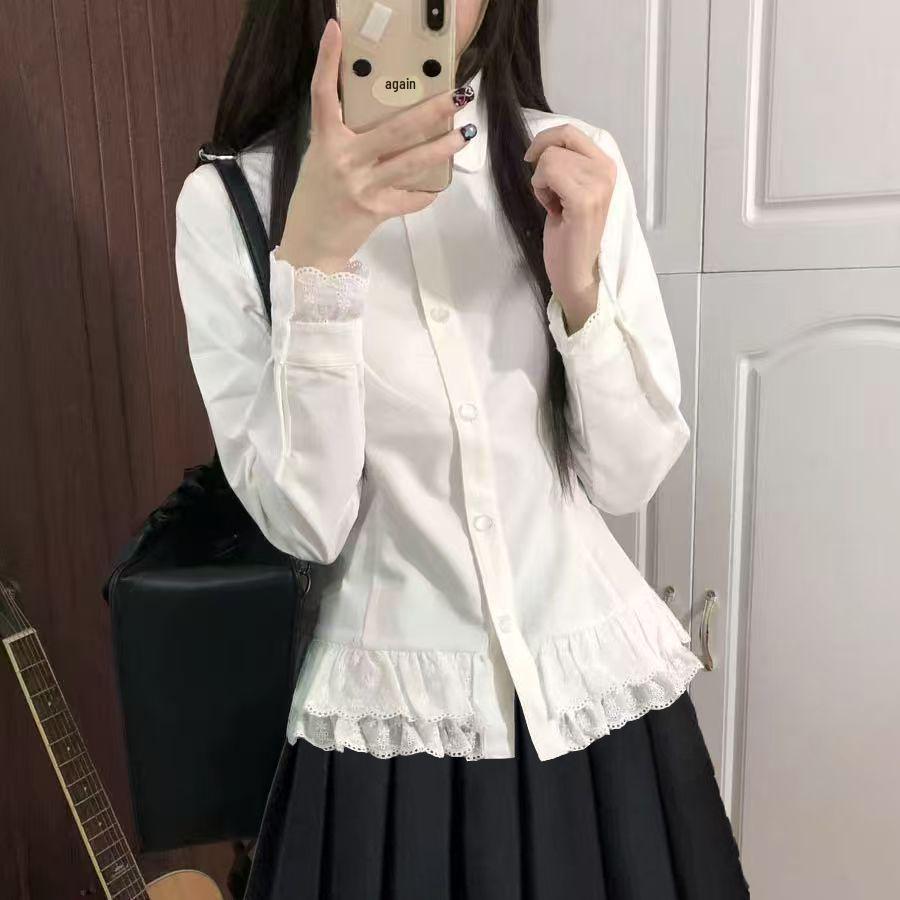 Women's Spring Lace Trim Suit: Long Sleeve Slimming Shirt & Pleated Skirt Set