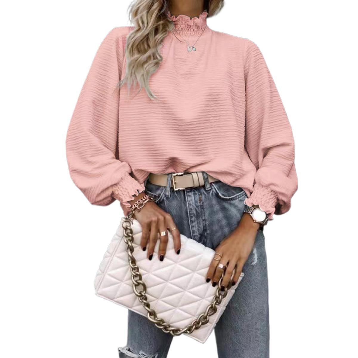 

Женские модные элегантные рубашки с длинными рукавами, водолазка, полосатая блузка с оборками, пуловер, большие уютные топы с рукавами-фонариками XL розовый