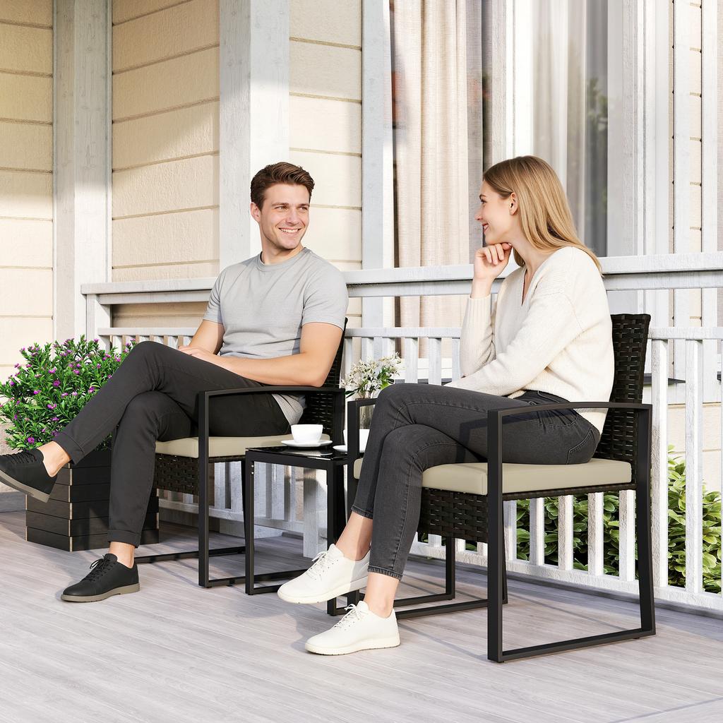 Rattan Bistro Set, 3 Piece Garden Furniture Set with Glass Top Table and Cushions, Khaki
