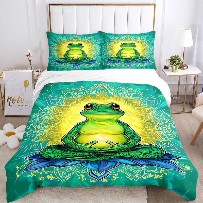 3pcs Meditation Frog Bedding Set - 1 Duvet Cover + 2 Pillowcases(Core Not Included), Machine Washable Polyester Yy251216167