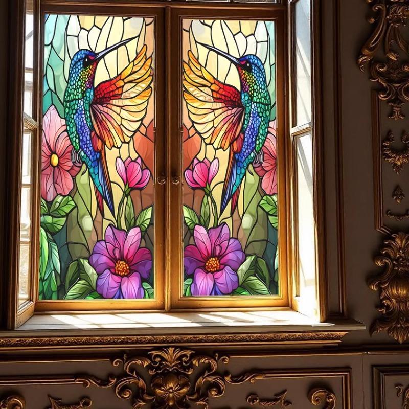 Colorful Window Glass Electrostatic Stickers Retro Flowers Birds Stickers Removable Window Privacy Stained Decor Film For Home