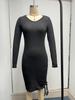 V-neck Knitted Sweater Dress - Long Sleeve, Slim Fit, Ruched Drawstring, Ribbed Design for Autumn/Winter