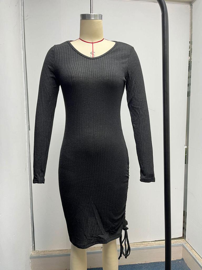 V-neck Knitted Sweater Dress - Long Sleeve, Slim Fit, Ruched Drawstring, Ribbed Design for Autumn/Winter