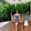 1 Color New Pure Sweet Spice Girl Simple Plaid Split Swimsuit Female Slim Sling Vest + Short Skirt + Headscarf