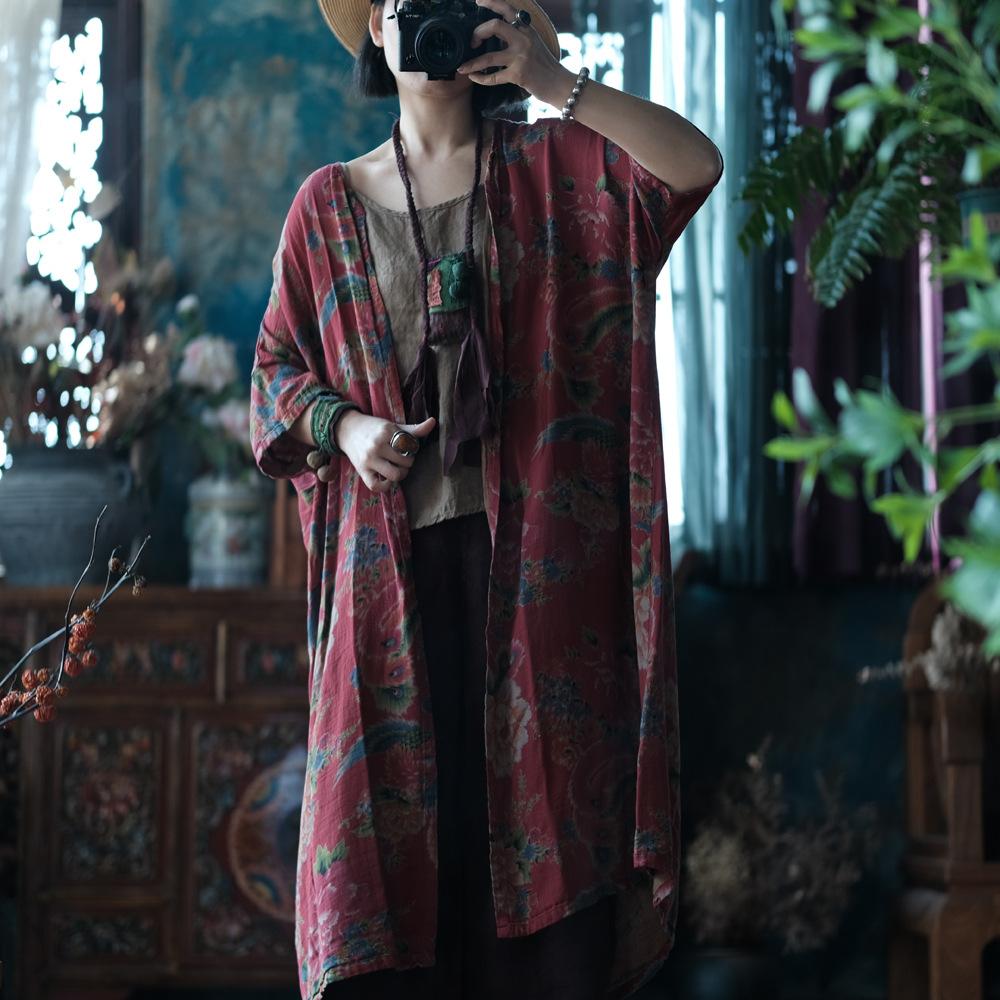 Johnature Women Vintage Print Floral Shirts Red Seven Sleeve Tops Summer Chinese Style Women Long Blouses
