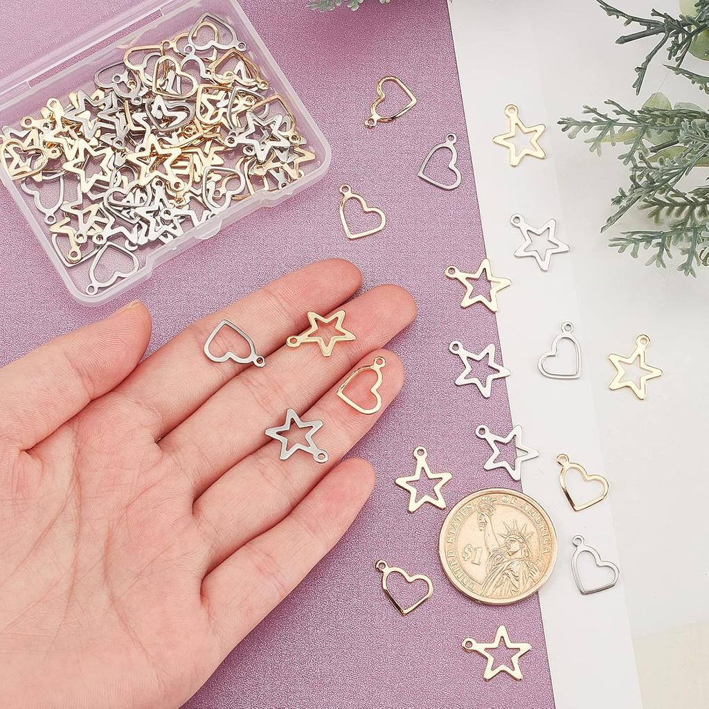 UNICRAFTALE 80pcs 2 Colors Heart & Star Charms - 304 Stainless Steel Hollow Pendants for Jewelry Making