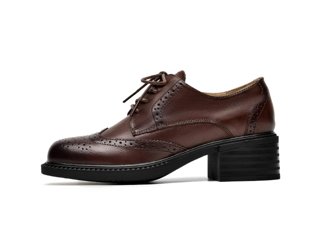 ZUYEE Women's Lace-Up Shoes, Square Toe, Chunky Heel, Wingtip, Genuine Leather Oxford Shoes, Coffee, Size 23.5cm