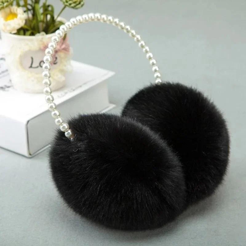 2024 New Thickened Earmuffs Cute Girl Party Style Headdress Winter Fluffy Plush Imitation Pearl Beaded Headband