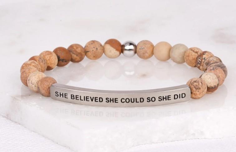 6Mm steel ball obsidian powder chalcedony stainless steel elbow lettering aquamarine bracelet