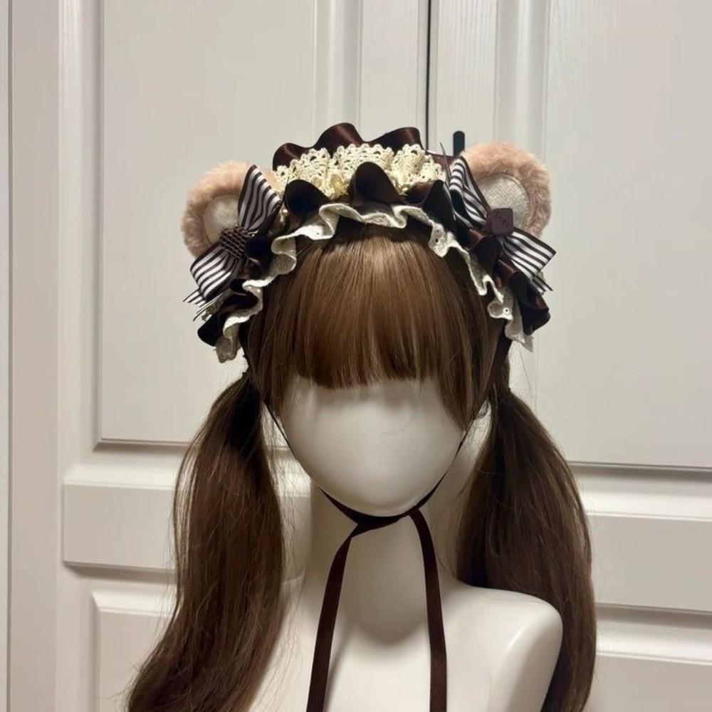 Sweet Lolita Hair Hoop Lace Bow KC Girl Hair Accessory Bear Ear Cookies Headband  Hair Styling