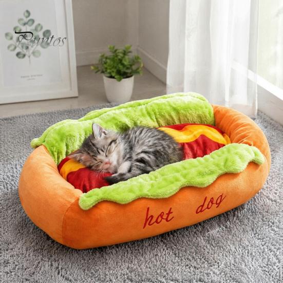 Cama Pequeña para Animales para Regalo de Cumpleaños Cama Hot Dog, Adorable Acogedora para Acurrucarse Almohadilla Extraíble Lavable, Divertido Cómodo Felpa Mascota Alfombrilla Pan Perros Gatos Suave Sofá Nido