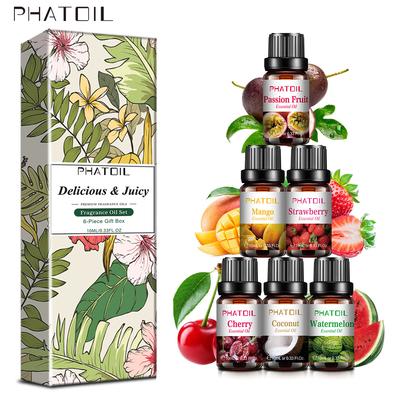 PHATOIL 6-teiliges Geschenkset mit ätherischen Fruchtölen für das neue Jahr, Erdbeere, Mango, Ananas, Kokosnuss, Aromatherapie-Diffusoren, Öl, Hautpflege, Luftfrischdiffusor