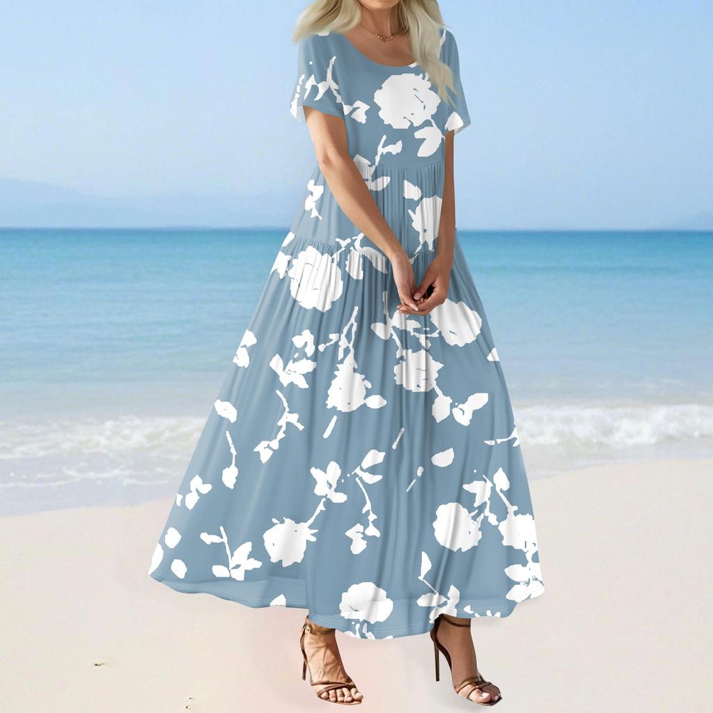 Dames Zomer Casual Bloemenprint Korte Mouw O Hals Hoge Taille A-lijn Gelaagde Flowy Boho Maxi Jurk