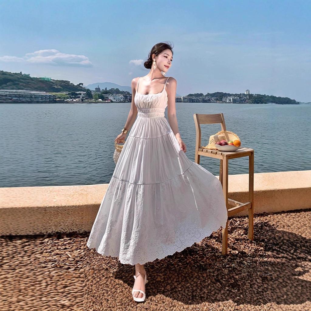 New super fairy seaside vacation white design embroidered suspender dress long dress