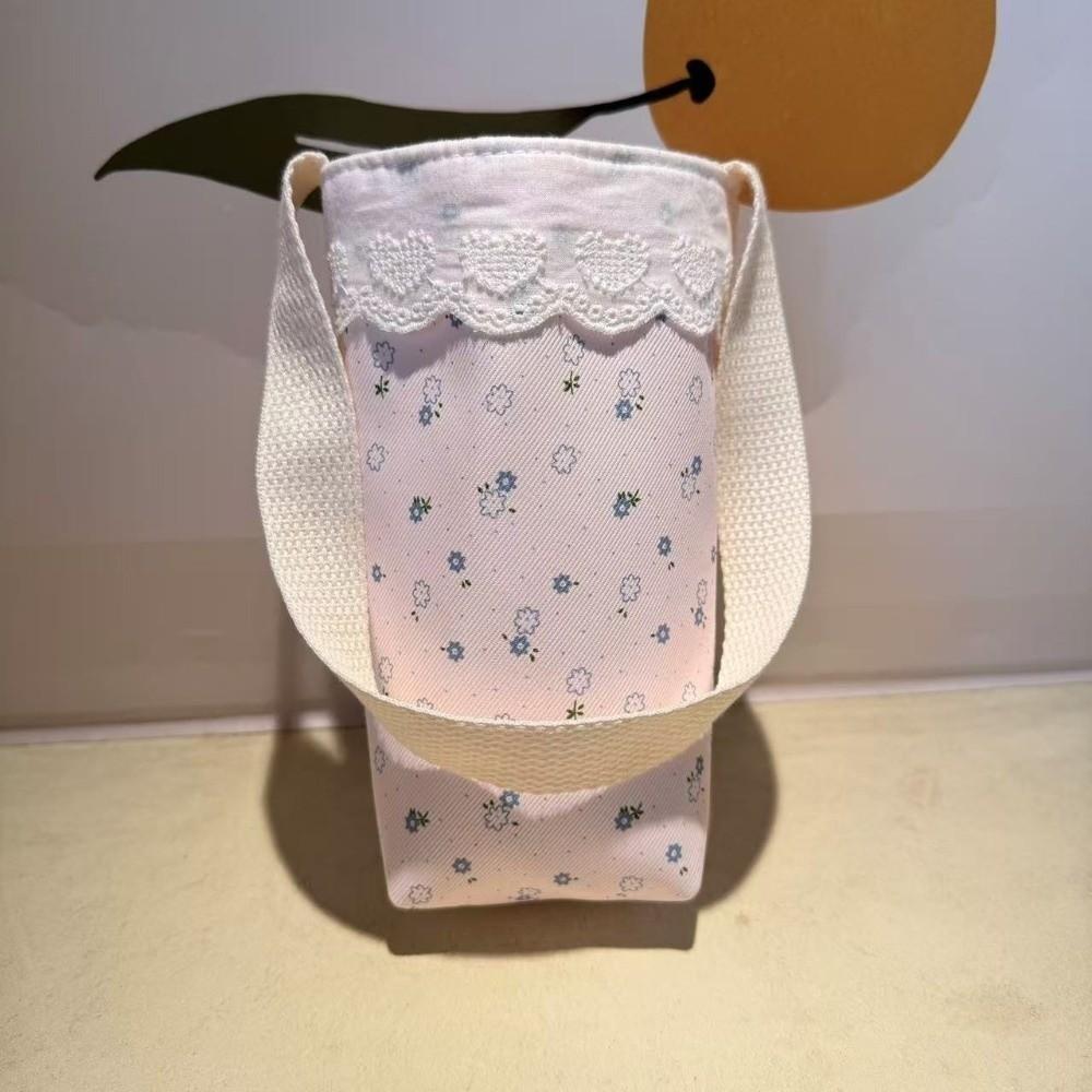 Lace Trimmed Water Bottle Cloth Bag Portable Lightweight Water Bottle Holder Handheld Floral Print Water Cup Sleeve for Students
