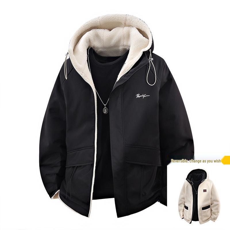 Men's Green Lambswool Hooded Jacket: Double-Sided, Casual, Velvet-Lined, Autumn/Winter Coat.