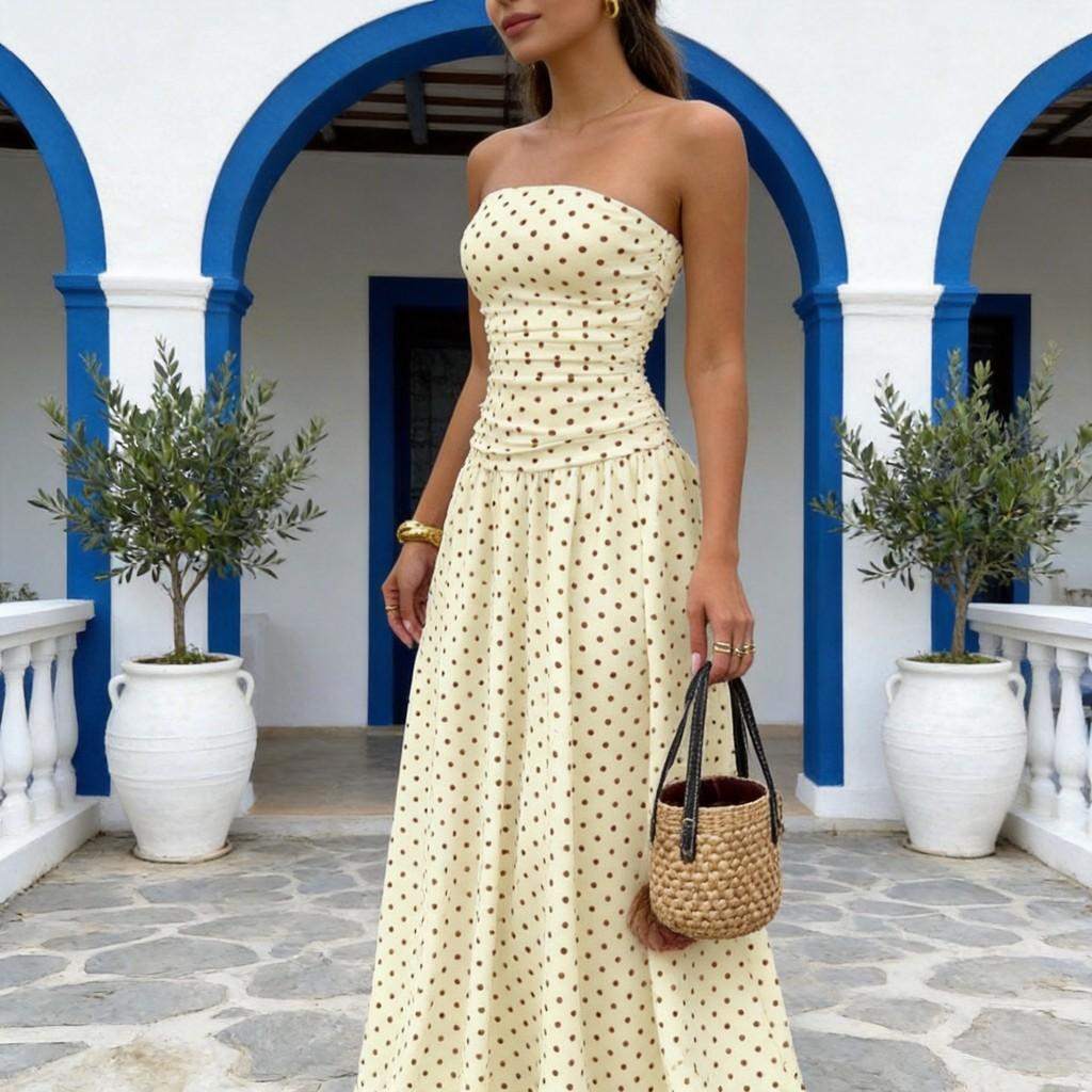 Ärmelloses High-Neck-Langkleid mit Wellenpunktmuster und Rüschensaum für Büro und Alltag