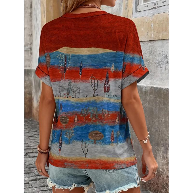 Summer new ethnic style full printed V-neck roll-sleeve fashion casual large size women's short-sleeved T-shirt