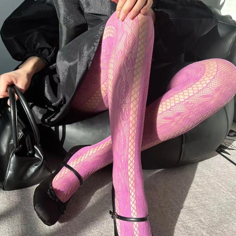 Women French Style Vintage Fishnet Pantyhose Rose Jacquard Patterned Sheer Mesh Tights Side Hollow Out Striped Stockings