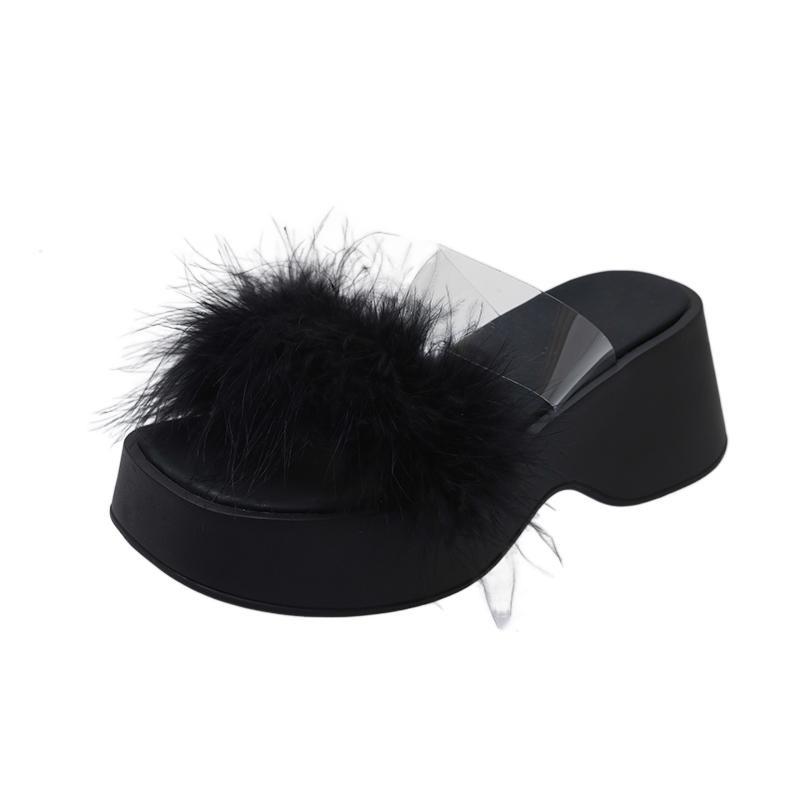 Papuci pufosi din piele intoarsa, foarte vanduti, 2024, briose noi, cu fund gros, cu toc inalt, blana artificiala, drag girl cu un singur cuvant