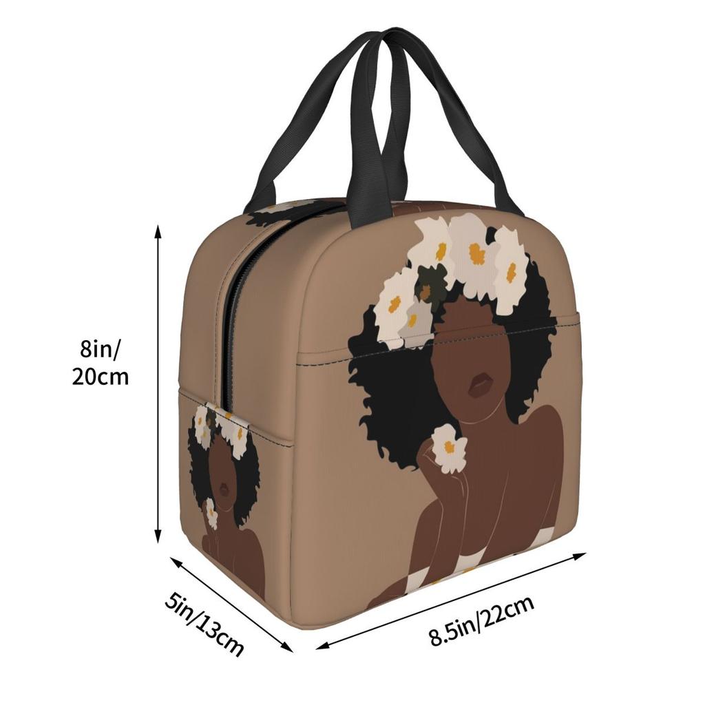 White Flower Black Woman Insulated Lunch Bag for Women Kids Portable Food Boxes Thermal Lunch Box Tote